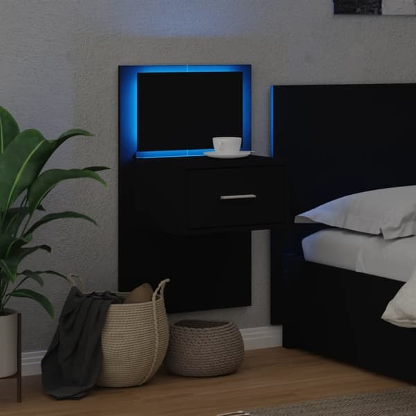 vidaXL væghængt sengebord med LED-lys sort