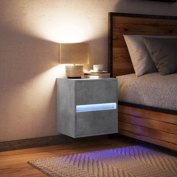 vidaXL Seinäkiinnitettävä yöpöytä LED-valoilla betoninharmaa