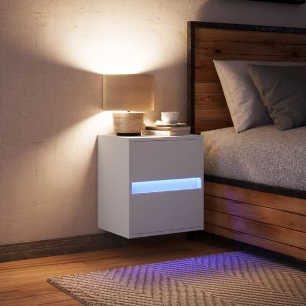 vidaXL Seinäkiinnitettävä yöpöytä LED-valoilla valkoinen