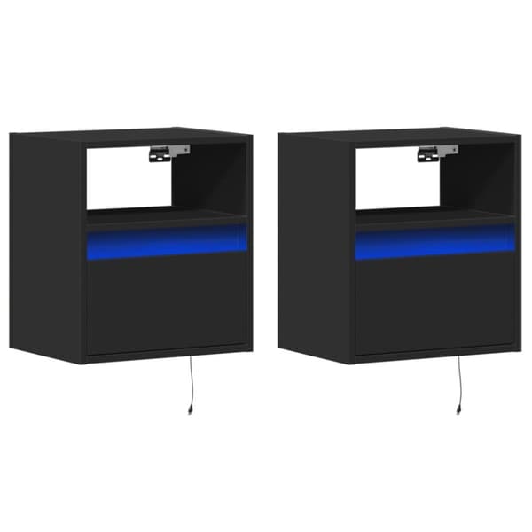 vidaXL Vegghengte nattbord med LED-lys 2 stk svart