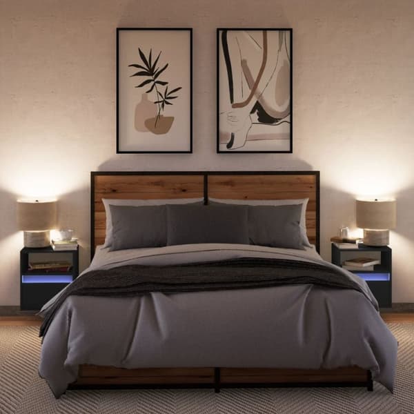 vidaXL Vegghengte nattbord med LED-lys 2 stk svart