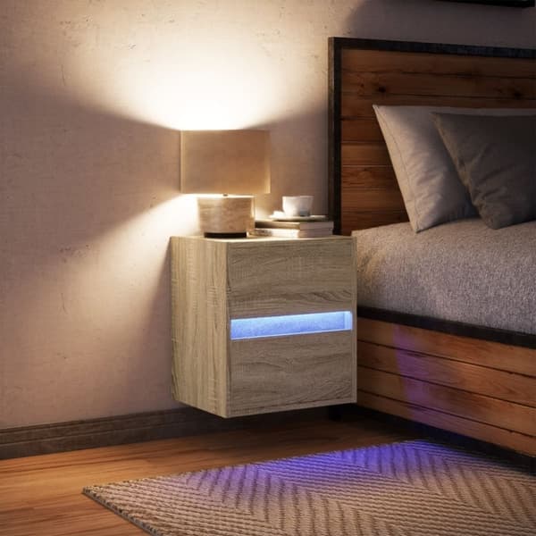 vidaXL Seinäkiinnitettävä yöpöytä LED-valoilla Sonoma tammi