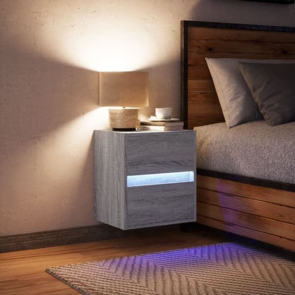 vidaXL Vegghengt nattbord med LED-lys grå sonoma