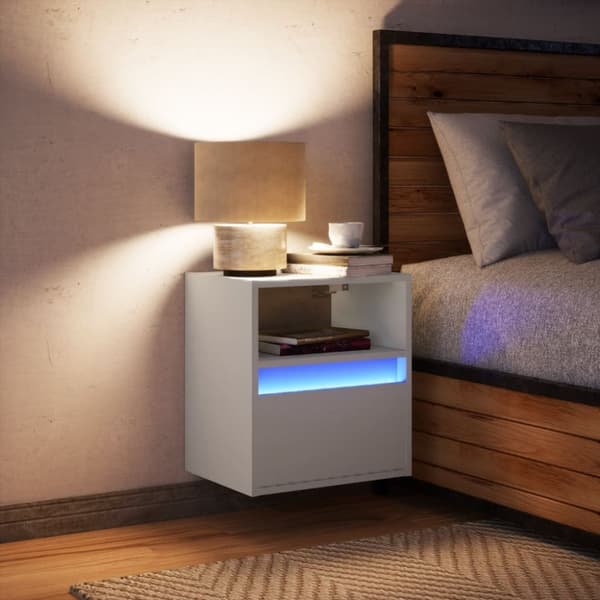 vidaXL Väggmonterat sängbord med LED-lampor vit