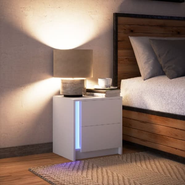 vidaXL sengebord med LED-lys konstrueret træ hvid