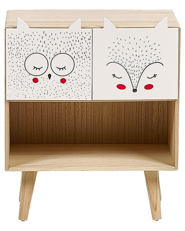 Yöpöytä vaalea puu kahdella laatikolla hyllyllä 40 x 25 x 46 cm lastenhuoneeseen eläinkuvio moderni tyyli