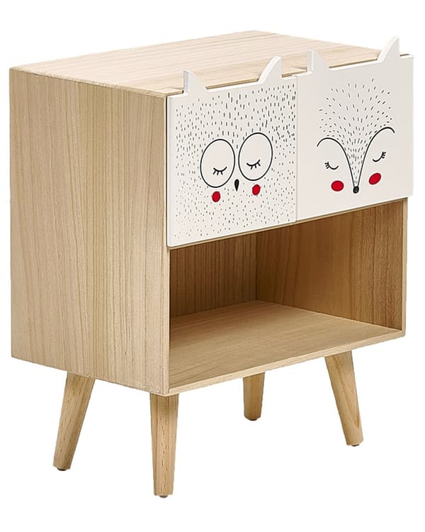 Yöpöytä vaalea puu kahdella laatikolla hyllyllä 40 x 25 x 46 cm lastenhuoneeseen eläinkuvio moderni tyyli