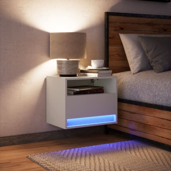vidaXL væghængt sengebord med LED-lys hvid