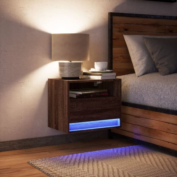 vidaXL Vegghengt nattbord med LED-lys 2 stk brun eik