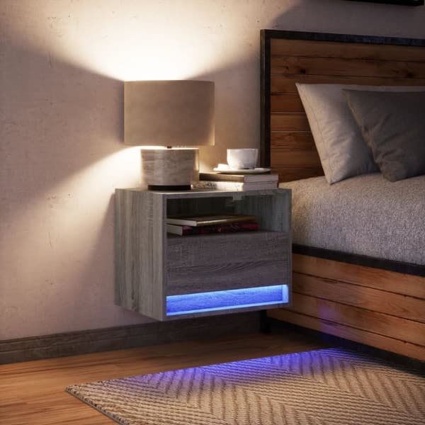 vidaXL væghængt sengebord med LED-lys grå sonoma-eg