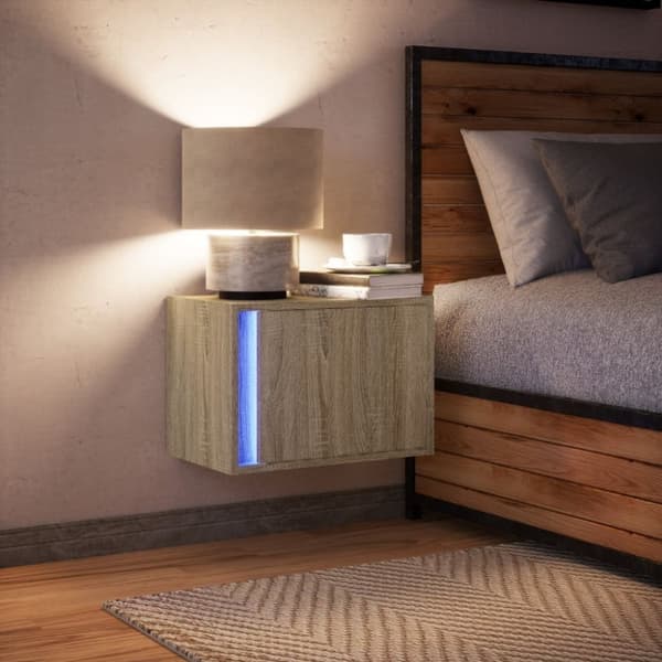 vidaXL Vegghengt nattbord med LED-lys sonoma eik