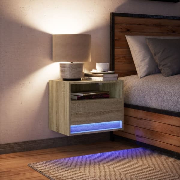 vidaXL Vegghengt nattbord med LED-lys sonoma eik