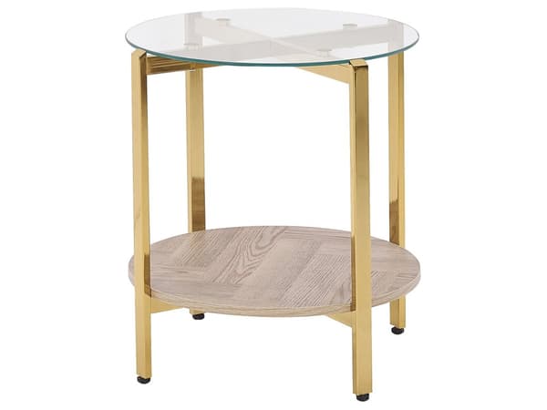 Sidebord Gull Lyst tre ø 50 cm Rund form Glassplate Metallramme Hylle Moderne design Småbord Stue