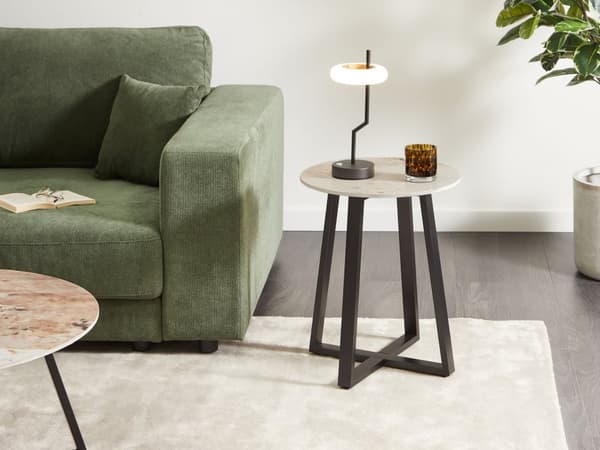 Midterbord sort med hvid keramikplade metalstel marmoreffekt rundt moderne design