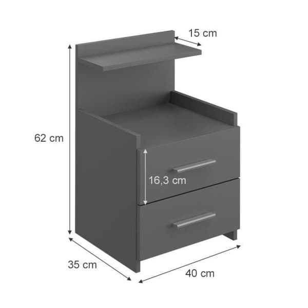 Vicco Alpin sängbord, sidobord, sängbord, antracit, byrå, 2 lådor