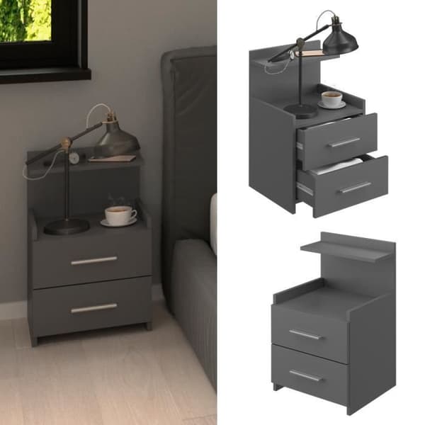 Vicco Alpin sängbord, sidobord, sängbord, antracit, byrå, 2 lådor