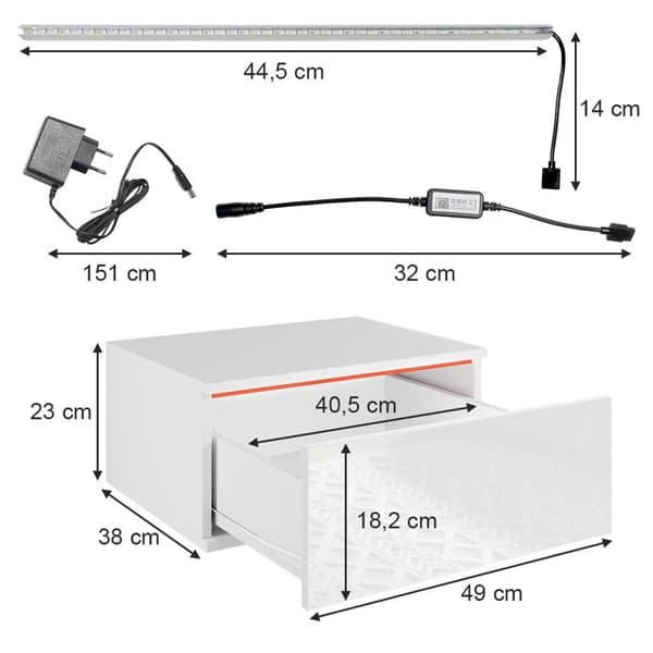 Vicco Samira sängbord, Vit, 49 x 23 cm med LED-belysning