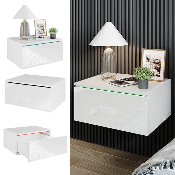 Vicco Samira sängbord, Vit, 49 x 23 cm med LED-belysning