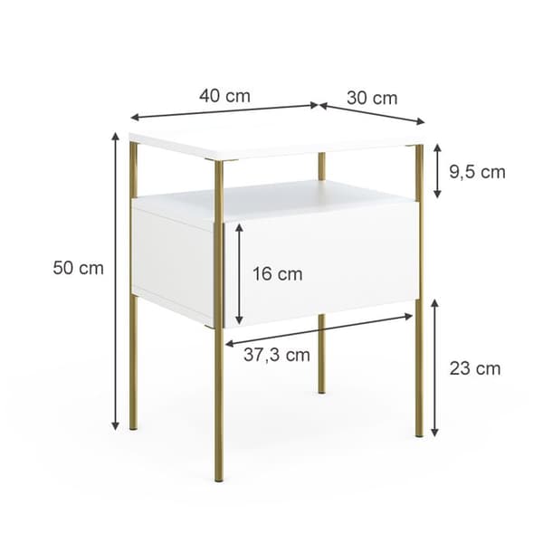 Mira sängbord, 40 x 50 cm, Vit/Guld, Vicco