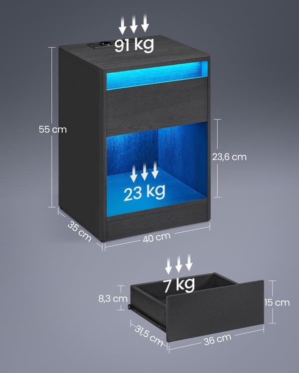 Rootz sengebord med stikkontakter - Natbord - Endebord - MDF spånplade - Rigelig opbevaring - 35 cm x 40 cm x 55 cm - Ask sort