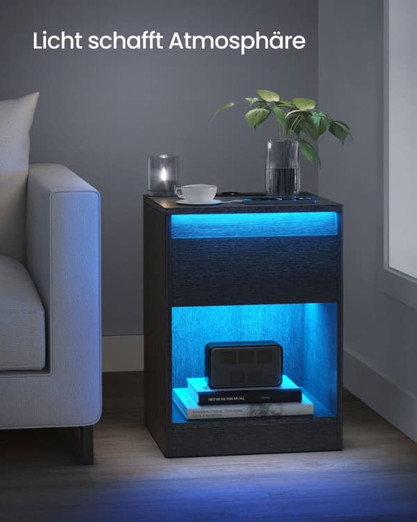 Rootz sengebord med stikkontakter - Natbord - Endebord - MDF spånplade - Rigelig opbevaring - 35 cm x 40 cm x 55 cm - Ask sort