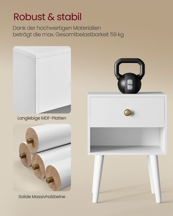 Rootz Sängbordsset - Snövit färg - Spånskiva MDF massivt trä - Nattduksset - 28 cm x 39 cm x 55 cm - 10,8 kg Vikt - 59 kg Kapacitet