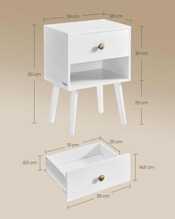 Rootz Sängbordsset - Snövit färg - Spånskiva MDF massivt trä - Nattduksset - 28 cm x 39 cm x 55 cm - 10,8 kg Vikt - 59 kg Kapacitet