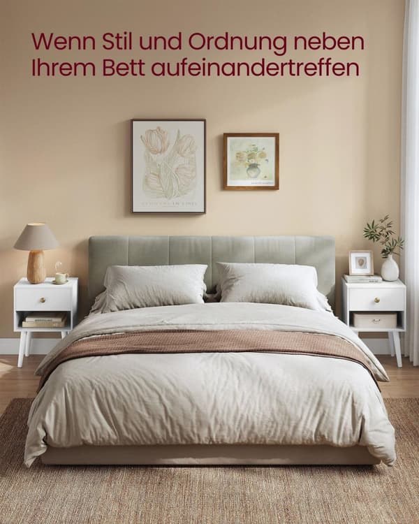 Rootz Sängbordsset - Snövit färg - Spånskiva MDF massivt trä - Nattduksset - 28 cm x 39 cm x 55 cm - 10,8 kg Vikt - 59 kg Kapacitet