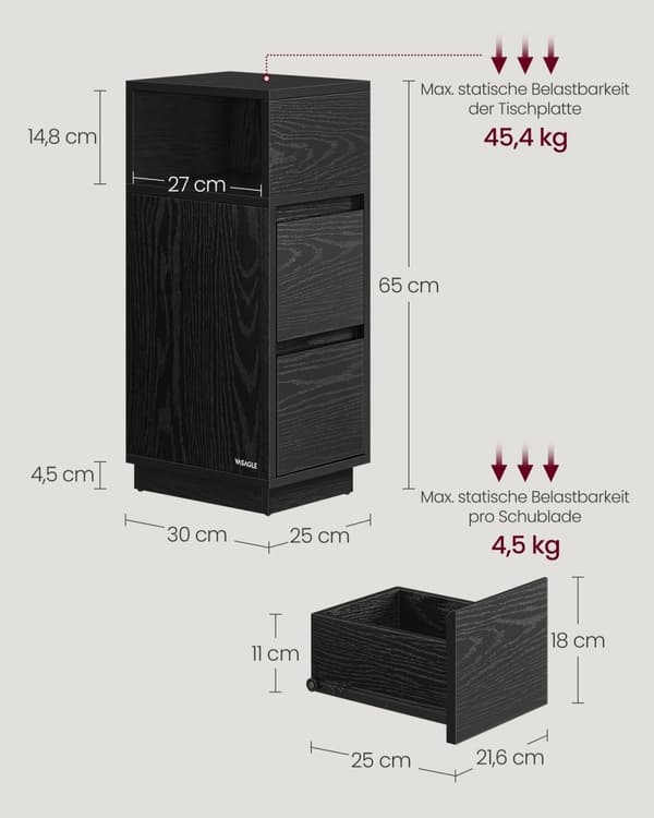 Rootz Ebony Black Sengeborde - Natborde - Træspånplader - MDF - 30cm x 25cm x 65cm - Sæt med 2 - Robust konstruktion