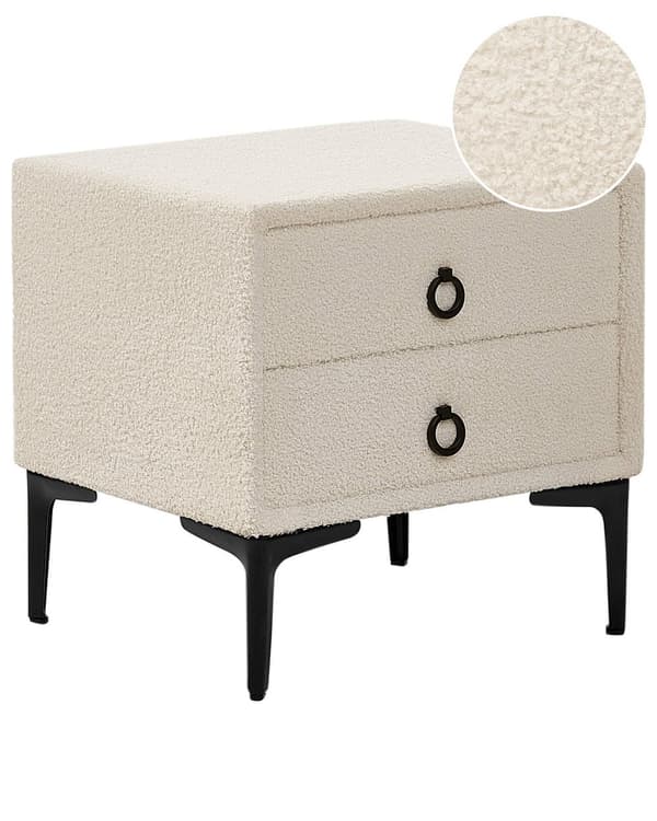 Sengebord Råhvid Boucle 44 x 38 x 45 cm Design Natbord med Skuffer Minimalistisk Design Soveværelsesmøbler Tilbehør