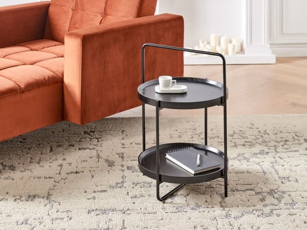 Sidobord Svart MDF Topphylla Metallram Rund 2 Hyllor Modern Design Vardagsrumsmöbler
