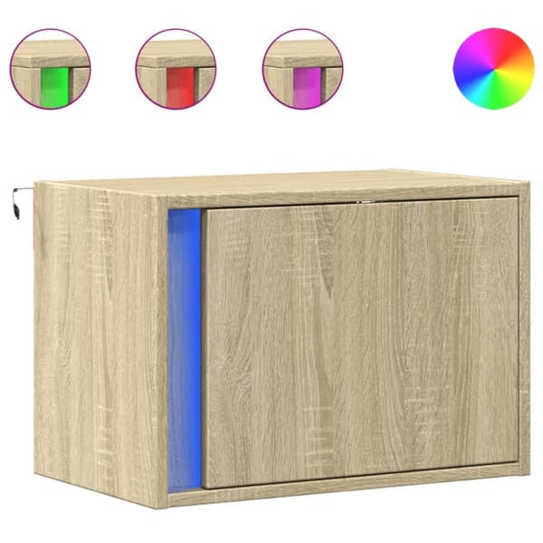Väggmonterat sängbord med LED-lampor sonoma-ek