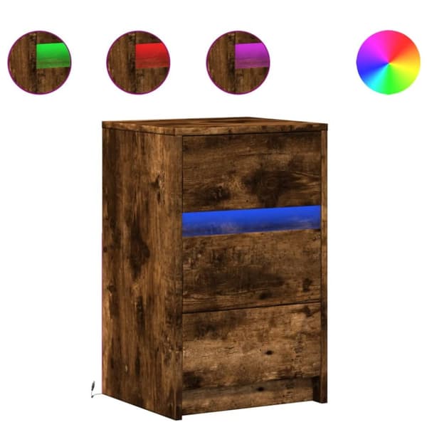 Sängbord med LED-lampor rökfärgad ek konstruerat trä