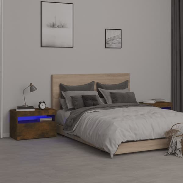 Sängbord 2 st med LED-belysning rökfärgad ek 60x35x40 cm