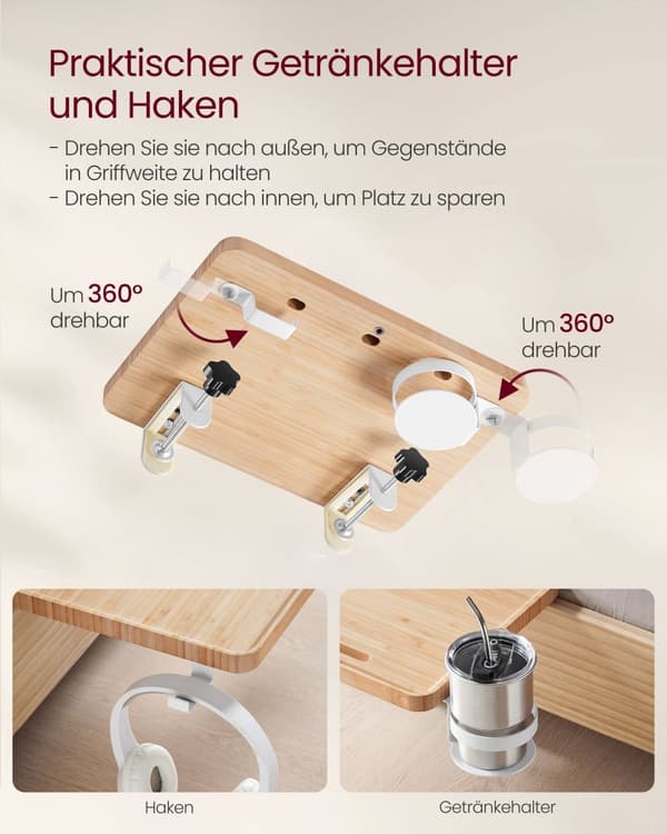 Bedside Table - Hanging - With Cup Holder - Natural Beige