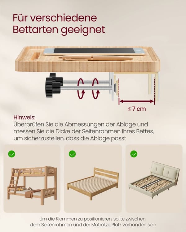 Bedside Table - Hanging - With Cup Holder - Natural Beige