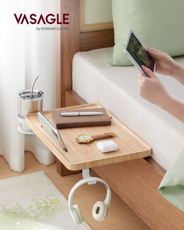 Bedside Table - Hanging - With Cup Holder - Natural Beige