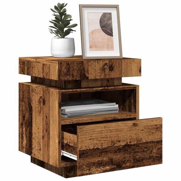 vidaXL sengebord med LED-lys 40x39x48,5 cm antikt træ