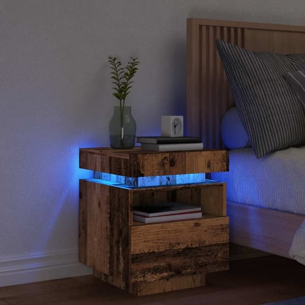 vidaXL sengebord med LED-lys 40x39x48,5 cm antikt træ