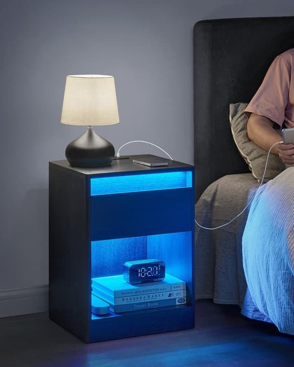 Bed om sengen med LED -belysning moderne aske sort