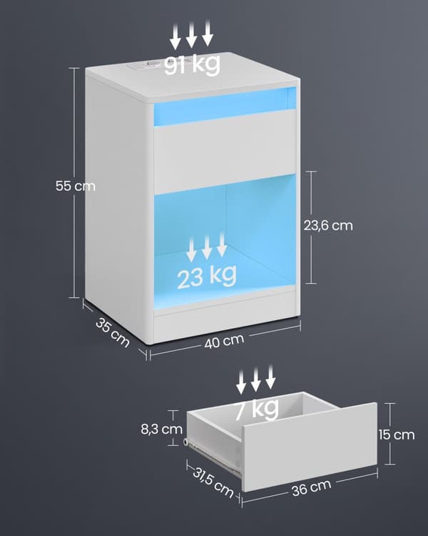 Sengbord med LED -belysning Modern Wolkwit