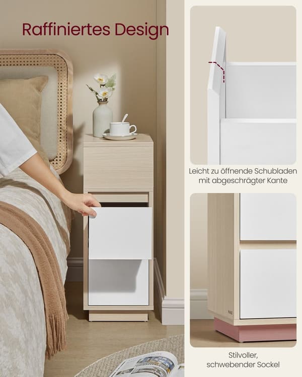 Smalt sängbord med 2 lådor i naturlig beige och molnvit