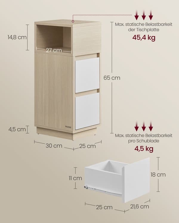 Smalt sängbord med 2 lådor i naturlig beige och molnvit