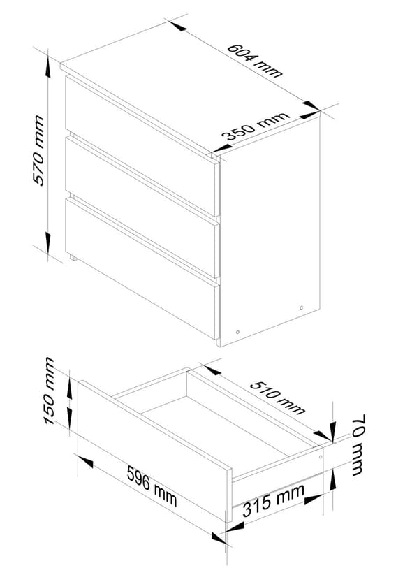 Natteskab CL3 60 cm 3 skuffer - hvid-grafit grå