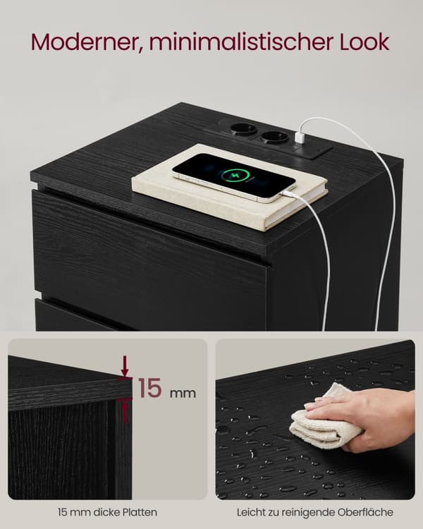 Bedettbordsuppsättning på 2 med 2 USB-portar-modern-ebony svart