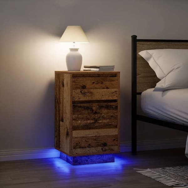 vidaXL sengebord med LED-lys 38x34x65 cm antikt træ