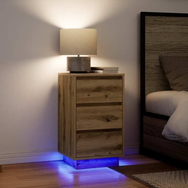 vidaXL sengebord med LED-lys 38x34x65 cm kunsteg