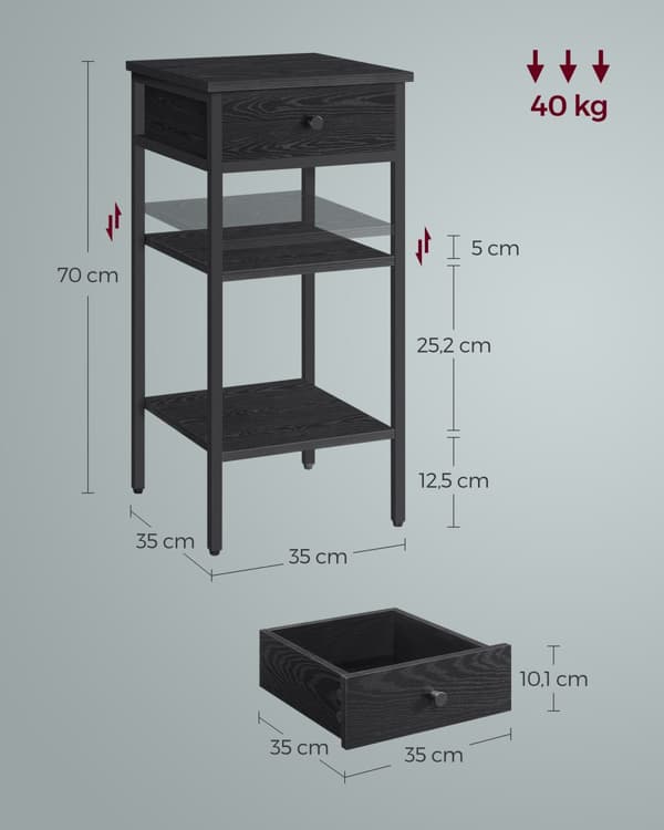 Sengbord - med skuffe og 2 åbne rum