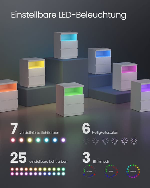 Sängbord med justerbar LED -belysning, Wolkwit