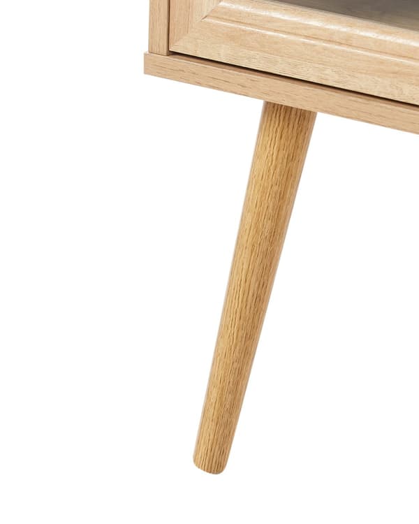 Sengebord Lysebrun Sponplate Bein i Furu 1 Oppbevaringsskuff med Glassdører Minimalistisk Stil